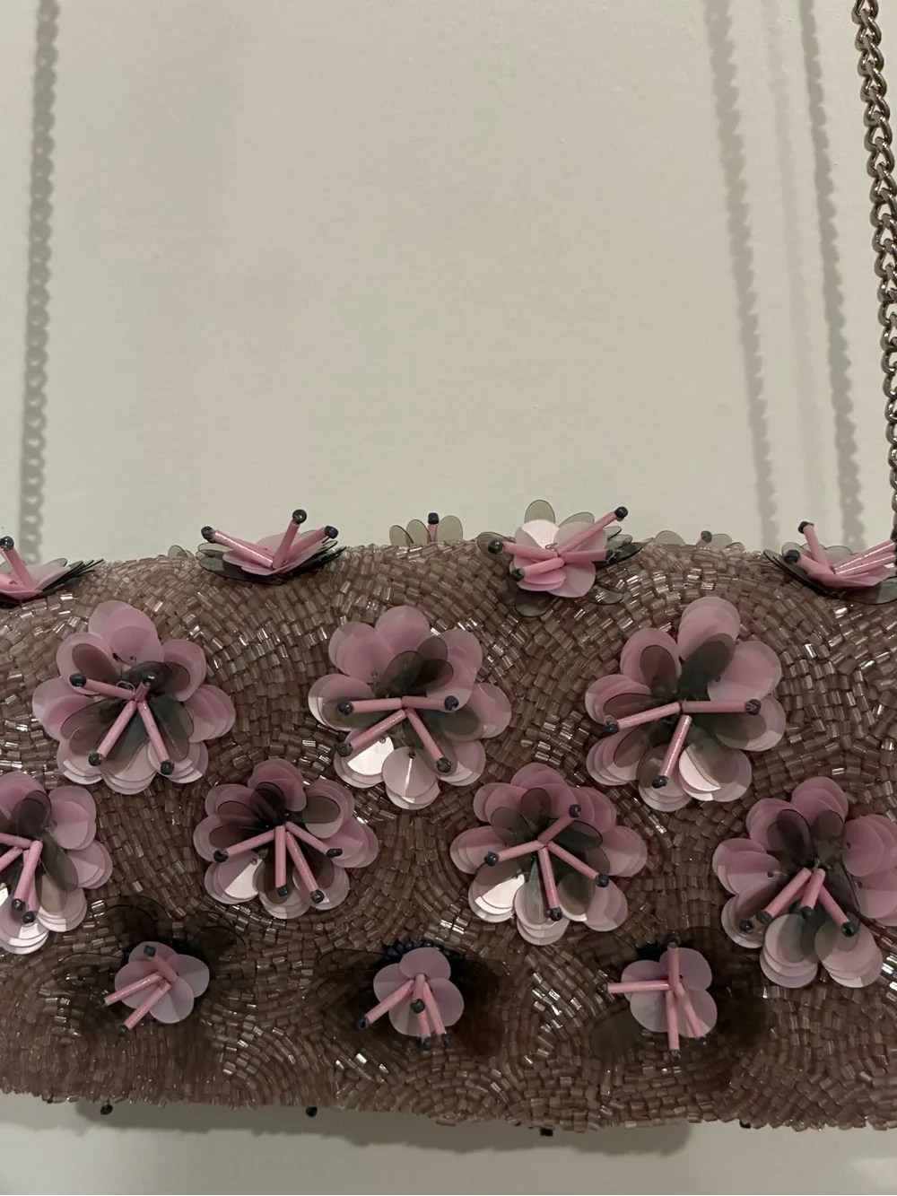 Beaded Floral Clutch Taupe/Pink Silver Chain Strap Snap Lined